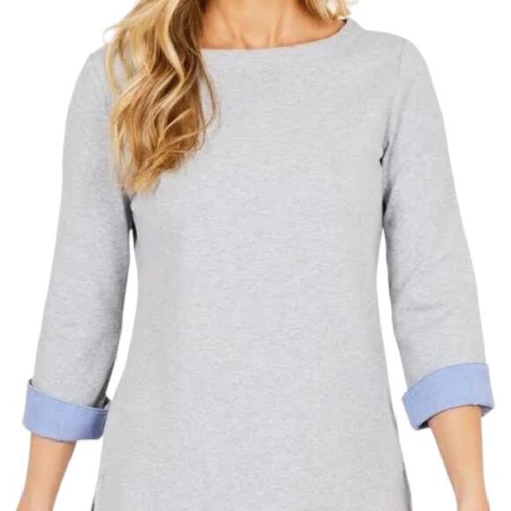 Nautica 100% cotton 3/4 sleeve blouse. Gray and blue, boat neck, size XS